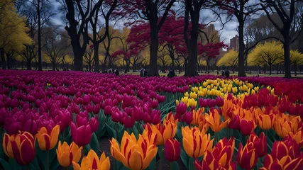Fotobehang In the center of the bustling city park stands a resplendent tulip garden, each petal bursting with intense hues of red, yellow, pink, and purple. The meticulously planted flowers  © artbyrookie