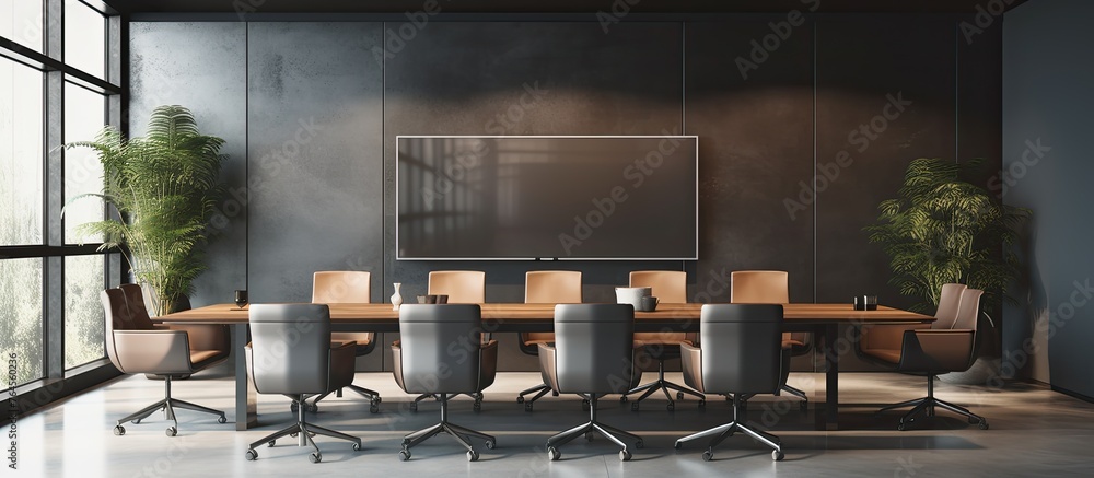 Poster a rendering of a conference room setting with a prominent screen fixed on the wall