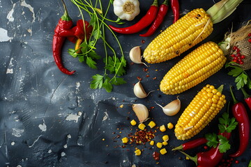 Red hot chili pepper corns and pods on dark background, top view