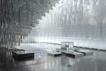The minimalist stage made of glass cubes in the foreground is juxtaposed against the arrowshaped glass material with sharp edges in the background resulting in a dynamic threedimensional composition - obrazy, fototapety, plakaty