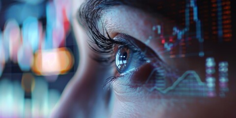 A woman's eye is shown in a computer screen with a blurry background