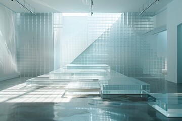The minimalist stage made of glass cubes in the foreground is juxtaposed against the arrowshaped glass material with sharp edges in the background resulting in a dynamic threedimensional composition - obrazy, fototapety, plakaty