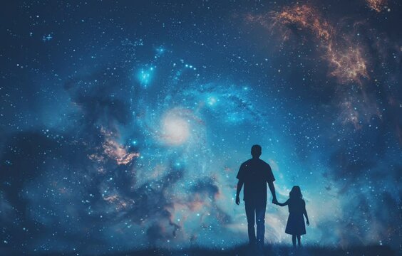 father and son looking through sky where stars and milk way moving around. Imagination and fair tale concept, moving background