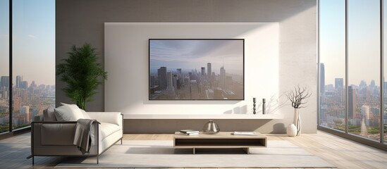 A cozy living room featuring a spacious window with an expansive view of the cityscape