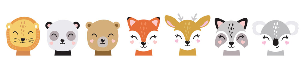 Obraz na płótnie Canvas Cartoon cute baby animals for baby cards, baby shower invitation,print,poster. Vector illustration.Deer,cat, bunny,koala,llama,alpaca, raccoon,fox,unicorn, wolf,bear,lion,panda,tiger,dog,rabbit,hare