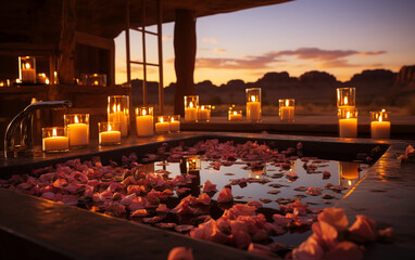 spa hot tub on sahara, evening romantic atmosphere with candles. - 764560896