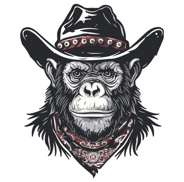 Monkey Head wearing wearing cowboy hat and bandana around neck