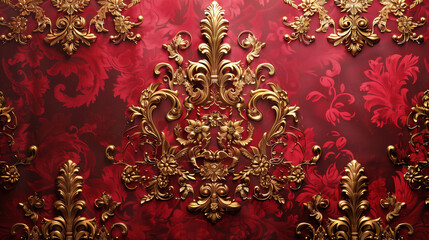 Golden convex patterned stucco in baroque style on red crimson vintage wallpaper with vignettes