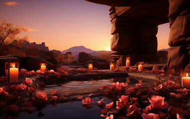spa hot tub on sahara, evening romantic atmosphere with candles. - 764561055