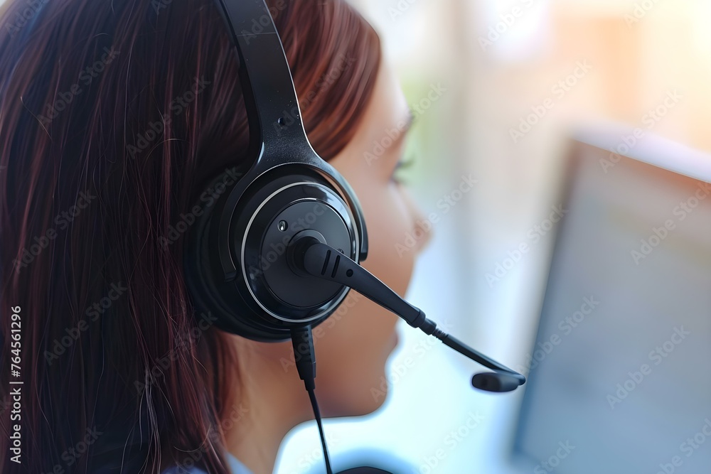 Poster ensuring customer privacy: customer service representative in call center with headset working on co