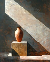 Oil painting of antique vase and wooden cube podium in the plaint color on a smooth surface, set against a minimalist white and grey background,art work for wall art, home decor and wallpaper 