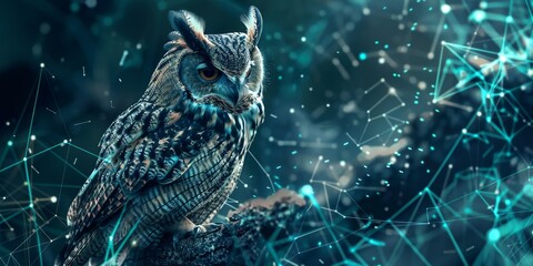A blue owl is perched on a branch in a starry sky