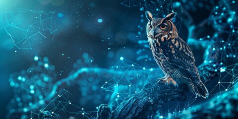 A blue background with a large owl perched on a tree branch