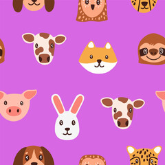 Fototapeta premium Repeatable pattern of cute baby animal muzzles on pink background. Endless print of happy pet faces: dog, rabbit. Amusing portraits of owl, cow, pig, fox, sloth. Flat seamless vector illustration