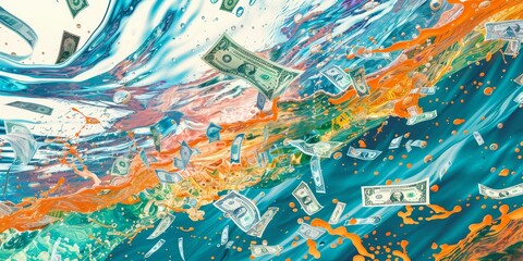 A painting of money falling into the ocean