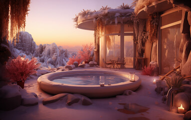 Hot tub in winter landscape. - 764561465