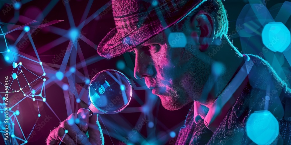Poster a man is looking through a magnifying glass at a computer screen