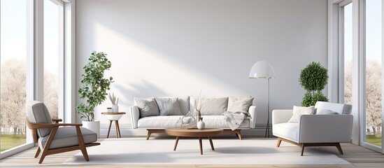 An illustration of a contemporary living space featuring a comfortable couch, stylish chair, coffee table, and a stylish lamp - obrazy, fototapety, plakaty