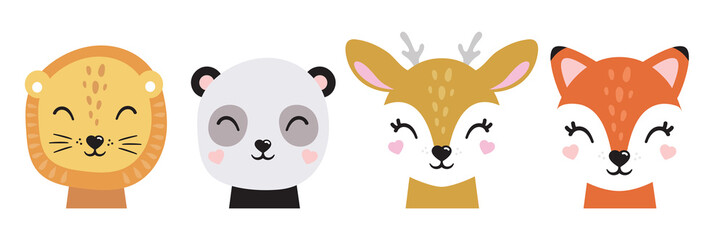 Cartoon cute baby animals for baby cards, baby shower invitation,print,poster. Vector illustration.Deer,cat, bunny,koala,llama,alpaca, raccoon,fox,unicorn, wolf,bear,lion,panda,tiger,dog,rabbit,hare