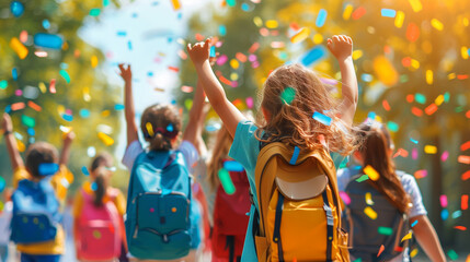 A group of happy children, carrying colorful backpacks, celebrate the start of a new school year with confetti flying around them