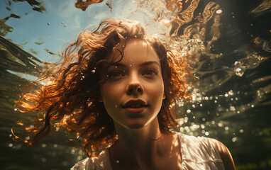 Woman swimming underwater in a sea, underwater camera shot. - 764561836
