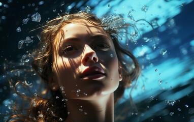 Woman swimming underwater in a sea, underwater camera shot. - 764561839