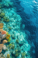 Top view of the clean transparent water and coral reef on the beach - obrazy, fototapety, plakaty