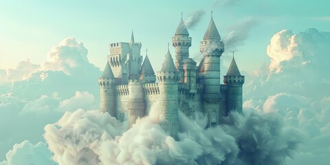 A castle is floating in the sky with smoke coming out of it