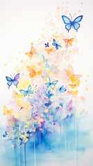 Watercolor painting of a field of flowers with many butterflies. The butterflies are in various colors and sizes, and the flowers are also in different colors.