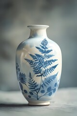 Photo of a still life fern pattern blue and white vase, Chinese style decoration resting on a concrete table, art work for wall art, home decor and wallpaper 