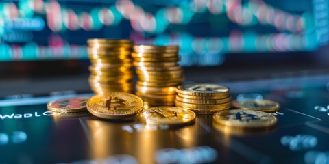 A pile of gold coins on a table with a computer screen behind them