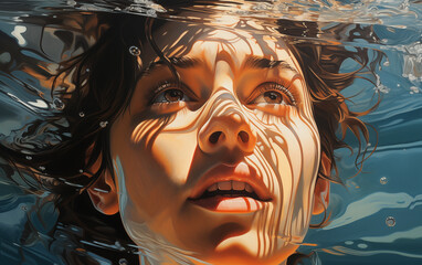 Woman swimming underwater in a sea, underwater camera shot. - 764562264