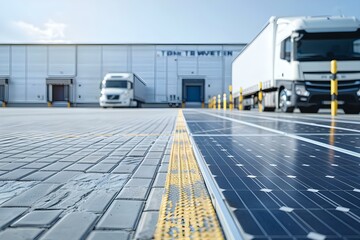 Electric cars charging at a solarpowered station in a logistic center with a sem. Concept Electric Cars, Solar-Powered Station, Logistic Center, Sustainable Transportation, Green Energy