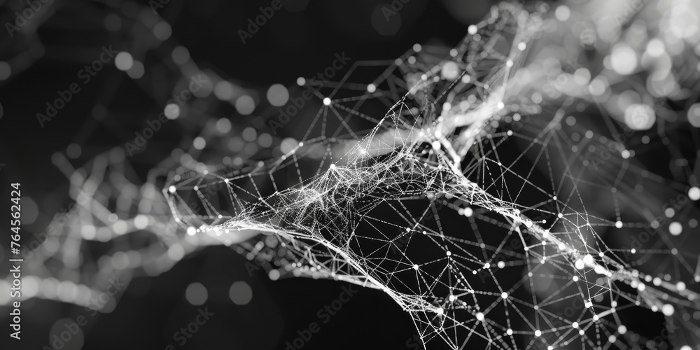 Poster A black and white image of a tangled web of lines and dots