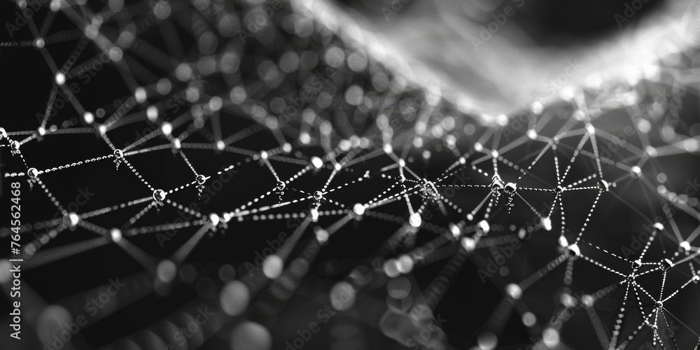 Poster a black and white image of a web of lines and dots