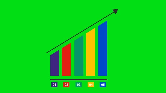 infographic animation 5 step chart color lines increasing in height with arrows. business infographic with green screen background