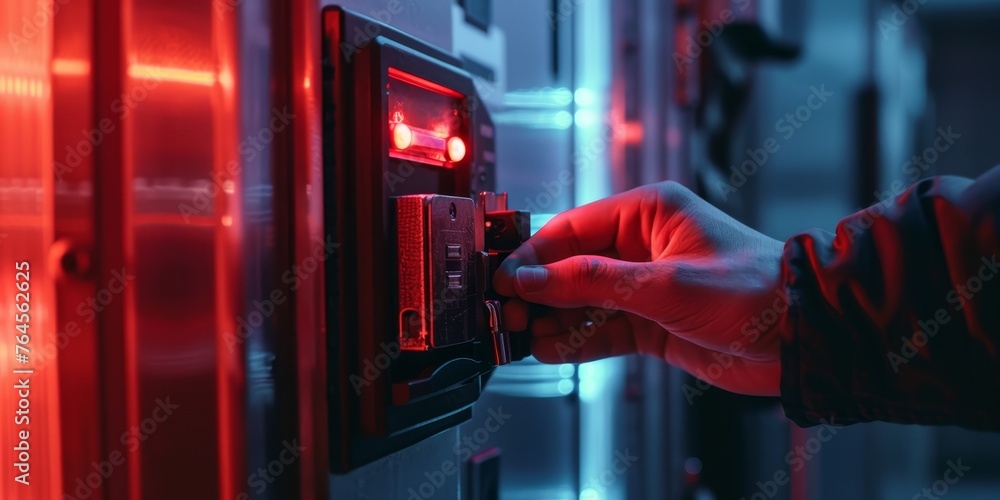 Poster a person is holding a key and inserting it into a machine