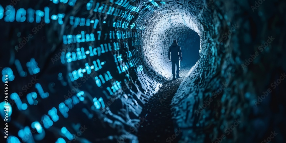 Poster a man is walking through a tunnel with a blue background