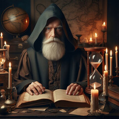 Portrait of Nostradamus studying the future of the human race in his laboratory. - obrazy, fototapety, plakaty