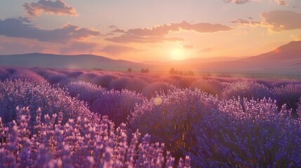 A breathtaking lavender field bathed in the golden hues of sunset