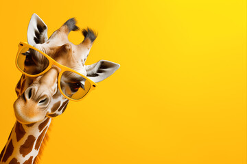 Funny giraffe in sunglasses on a yellow background, copy space.