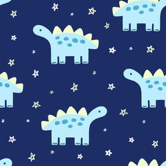 Fototapeta premium cute hand drawn dinosaur in the deep blue sky with stars, colorful kids fabric, textile seamless pattern