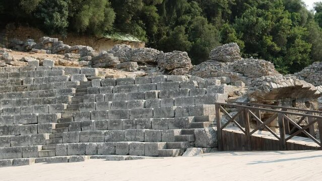 Ruins of Great Basilica in Butrint National Park, Buthrotum, Albania. Triconch Palace at Butrint Life and death of an ancient Roman house Historical medieval Venetian Tower surrounded. Butrint