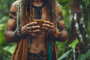 Ayahuasca Ceremony: Shaman Holding Drink at Costa Rica Yoga Center. Concept Spiritual Retreats, Holistic Healing, Traditional Rituals, Natural Medicine, Costa Rica Culture - obrazy, fototapety, plakaty
