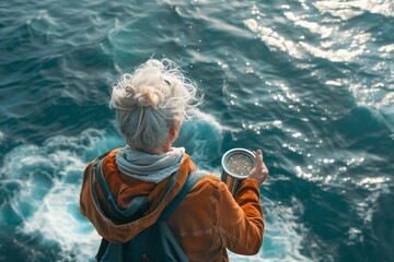 an elderly lady holds an urn with ashes and scatters the ashes over the sea, photo from the back, natural daylight, copy space for text. Funeral concept. Final resting place for a departed soul.