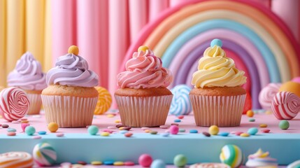 banner with bright color cupcakes against a backdrop sweets, candy rainbow, pink candy. Copy space for text. Concept candy shop, birthday, sweet, bakery