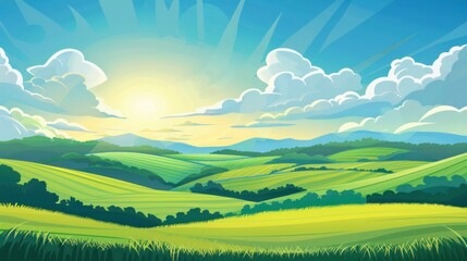 A vibrant vector illustration that beautifully captures a picturesque landscape at dawn
