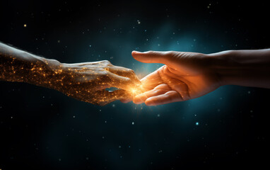 people give each other a helping hand, magic light between hands. - 764563650