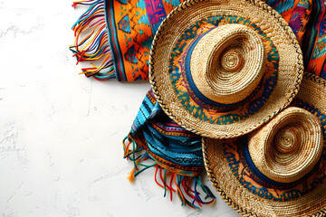 Colorful mexican accessories, top angle, right copyspace, white background.