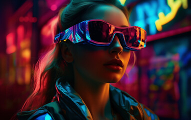 Future 3D vision, 3D game, multicolor, neon color, woman in 3D glasses in a fairytale colorful future. - 764563816